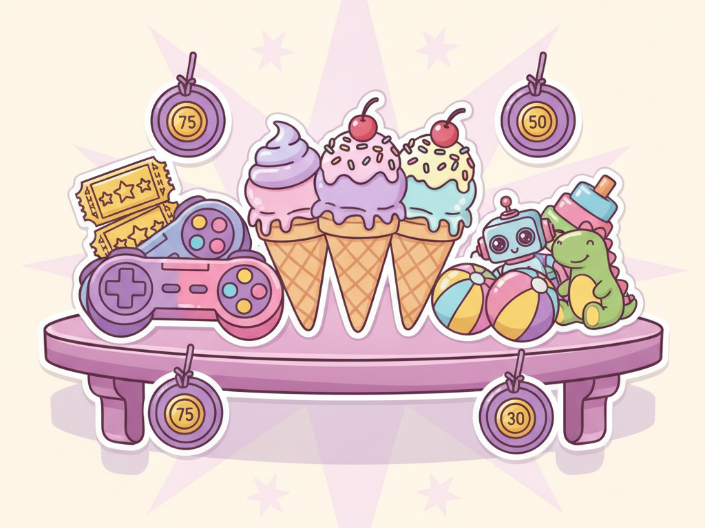 Colorful reward shop shelf full of prizes
