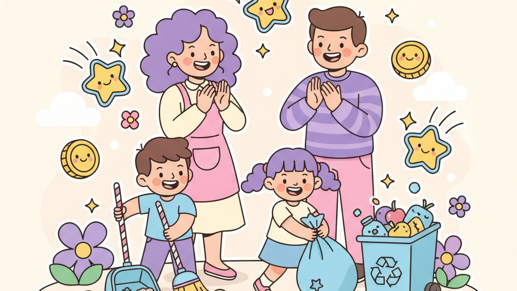 Happy cartoon family completing chores together